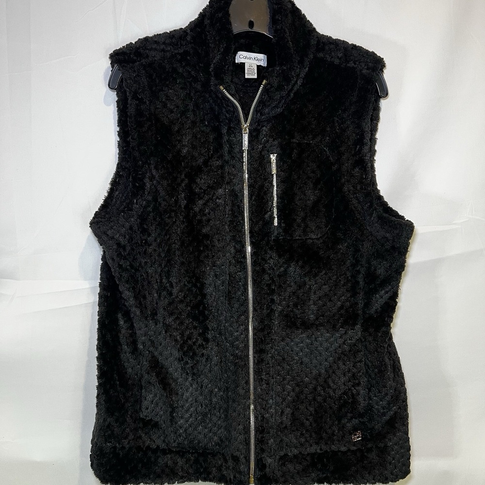 Calvin Klein Vest Womens‎ Large Black Fuzzy Front Zip Sleeveless Cozy Warm Nice